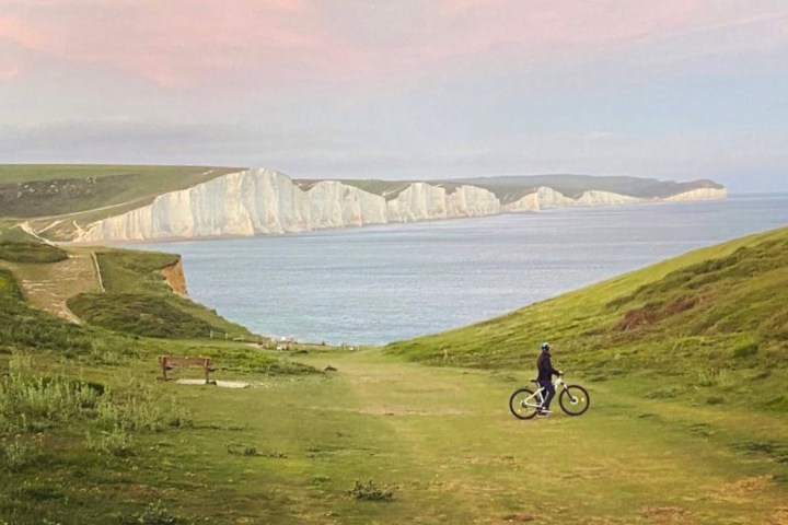 a close up of a hillside next to a body of water